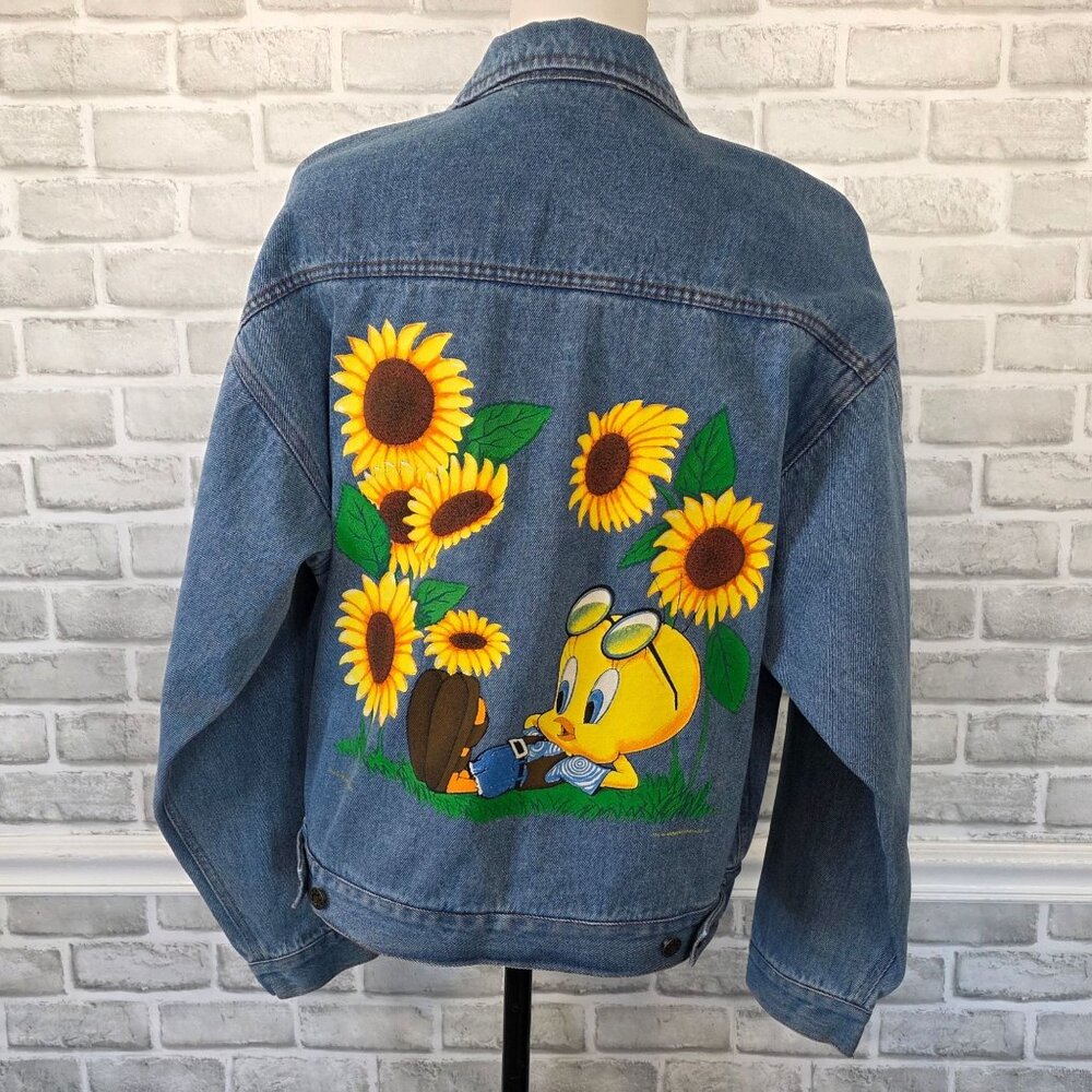Vtg Upcycled Denim Jacket Hand Painted Tweet Bird Sunflower USA M Art To Wear US